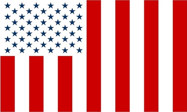 flag with field of white in upper left corner with 50 blue stars and 13 vertical stripes of red and white alternating left to right around the field of stars.