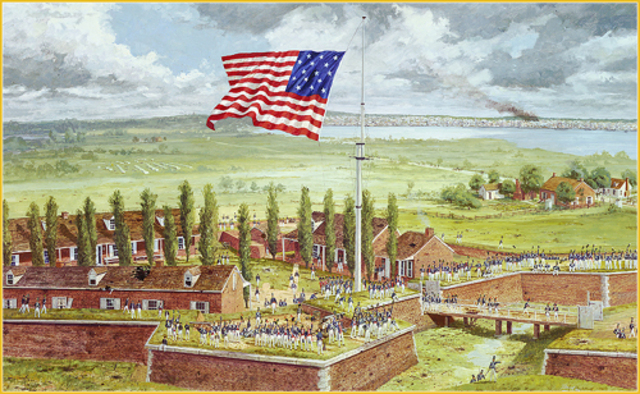 Fort McHenry buildings in 1812 with the thirteen star American flag flying atop a pole